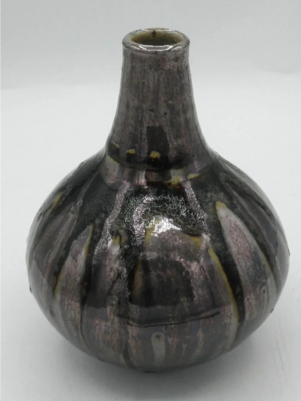 Laszlo Steiner MCM Art Pottery Single Bloom Vase Iridescent Drip Glaze Signed
